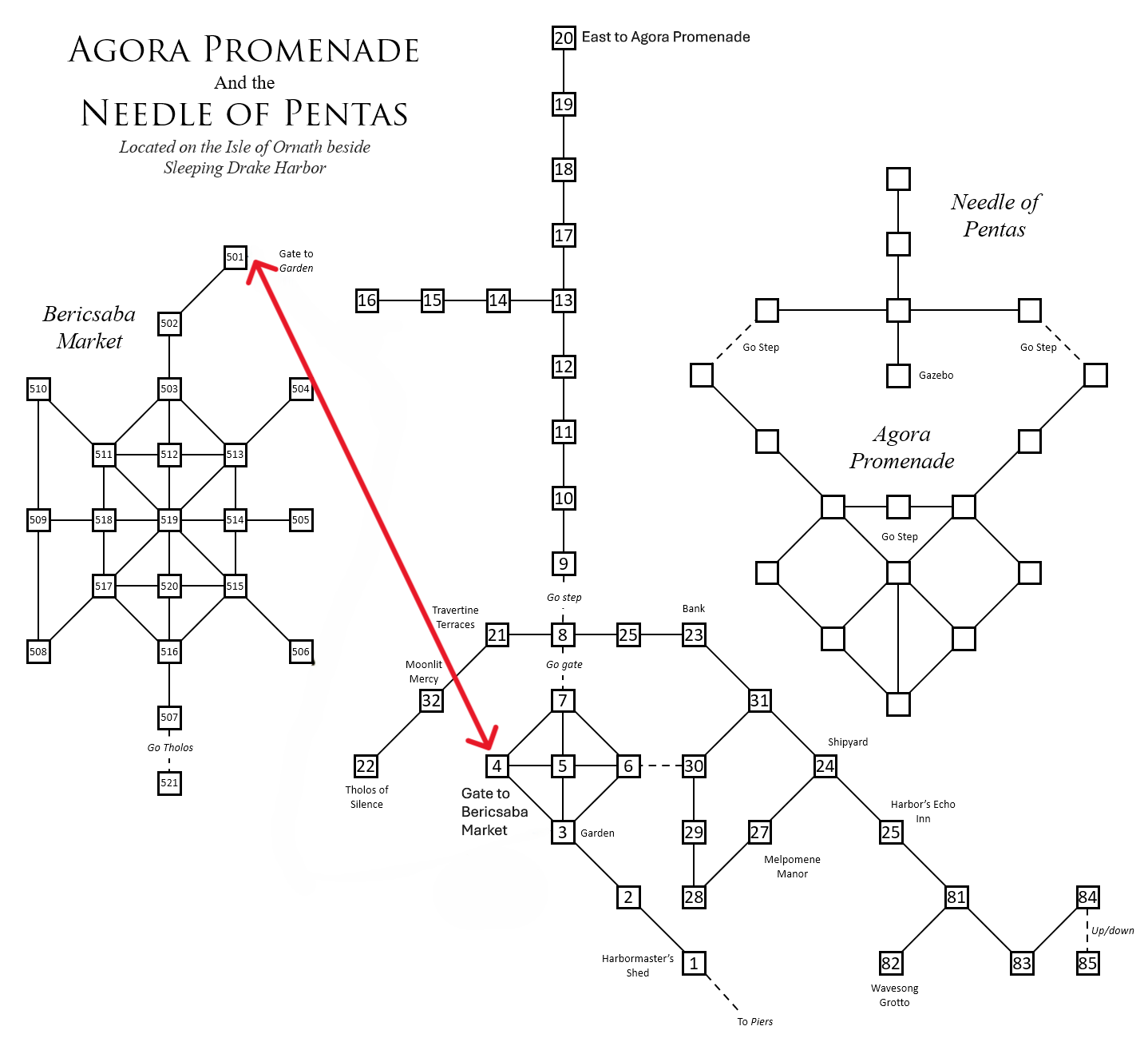 Map of 2Sleeping Drake Harbor and Bericsaba Market showing room [Sleeping Drake Harbor, Docks]. Click on rooms to navigate or use the nearby rooms list below for accessible navigation.