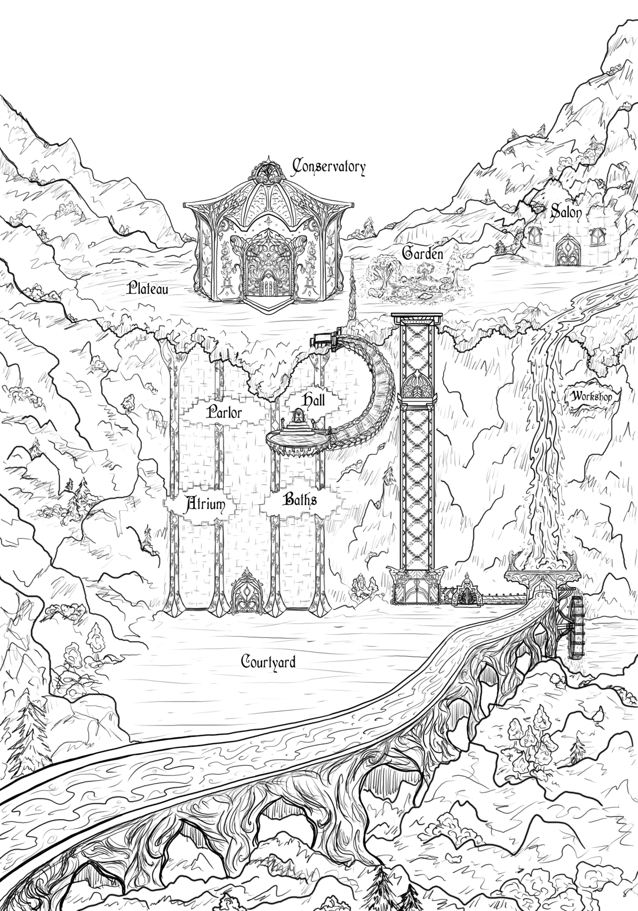 Map of en-ta illistim-illithien aerie mho-1670786460 showing room [Illithien Aerie, Courtyard]. Click on rooms to navigate or use the nearby rooms list below for accessible navigation.