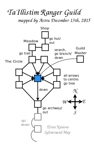 Map of en-ta illistim-rangerguild-v2 showing room [Ranger Guild, Clearing]. Click on rooms to navigate or use the nearby rooms list below for accessible navigation.