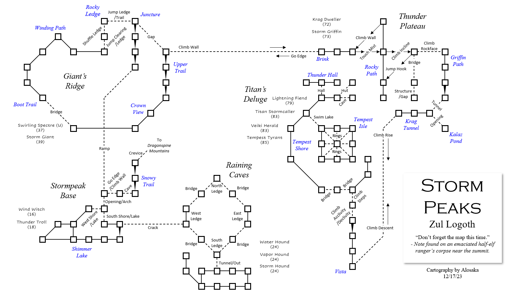 Map of en-zul logoth-storm peaks-1703220375 showing room [Dragonspine, Snowy Trail]. Click on rooms to navigate or use the nearby rooms list below for accessible navigation.