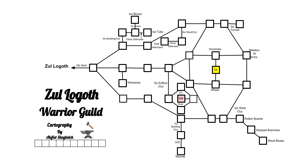 Map of en-zul logoth-warriorguild-1697063613 showing room [Warrior Guild, Entry Courtyard]. Click on rooms to navigate or use the nearby rooms list below for accessible navigation.