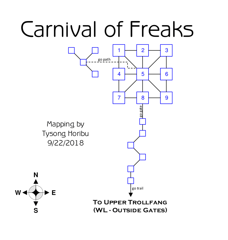 Map of fest-carnival-of-freaks-1537632252 showing room [Carnival, Entrance]. Click on rooms to navigate or use the nearby rooms list below for accessible navigation.