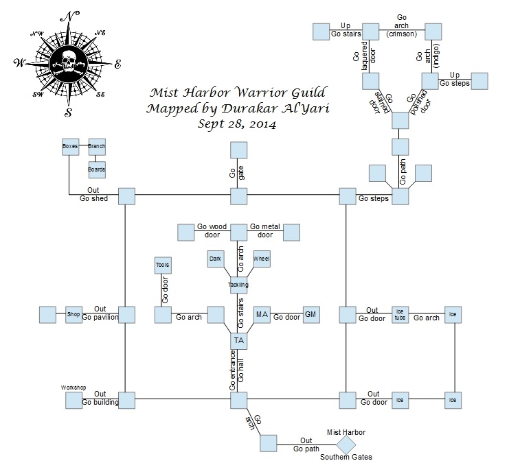 Map of ifw-Warrior Guild showing room [Mist Harbor, Jungle Path]. Click on rooms to navigate or use the nearby rooms list below for accessible navigation.