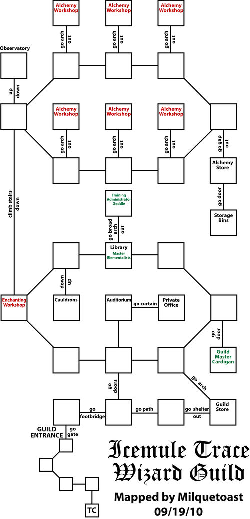 Map of imt-wizard guild showing room [Wizard Guild, Courtyard]. Click on rooms to navigate or use the nearby rooms list below for accessible navigation.