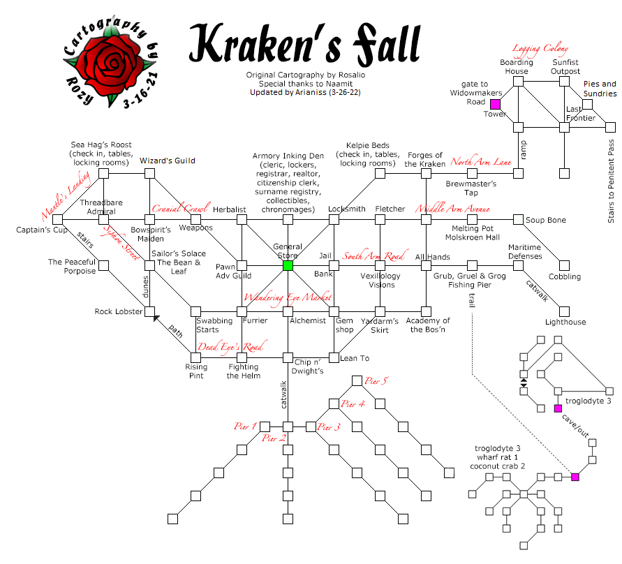 Map of kf-krakens fall-1648278406 showing room [Kraken's Fall, First Pier]. Click on rooms to navigate or use the nearby rooms list below for accessible navigation.
