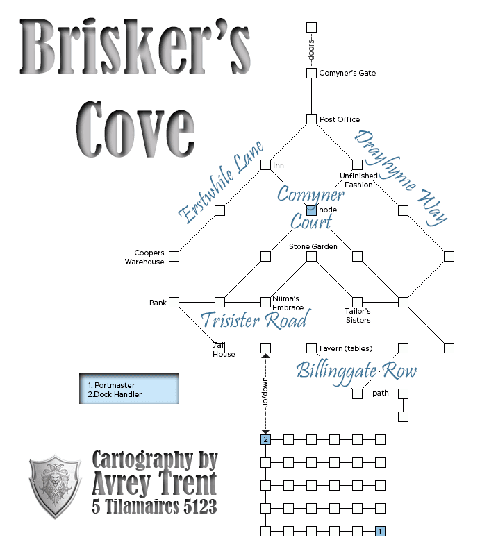 Map of osa-briskers cove-1693936381 showing room [Comyner's Docks, Pier 5]. Click on rooms to navigate or use the nearby rooms list below for accessible navigation.