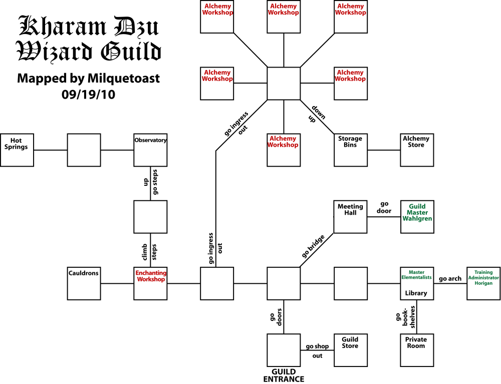Map of ti-wizard guild showing room [Wizard Guild, Foyer]. Click on rooms to navigate or use the nearby rooms list below for accessible navigation.