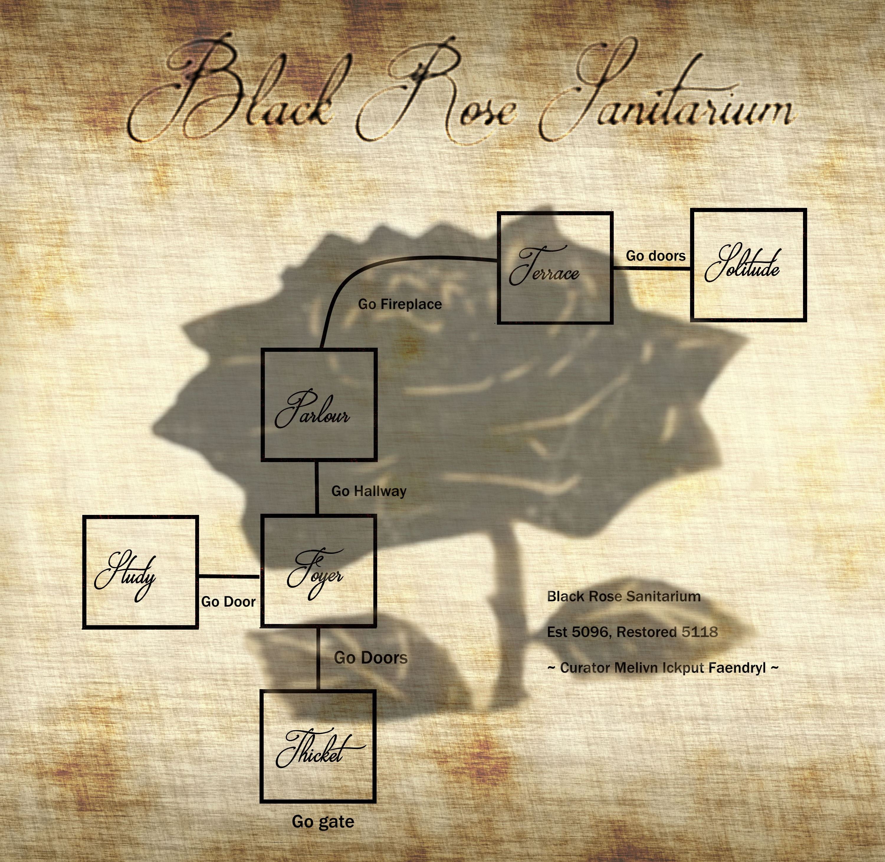 Map of vo-black-rose-sanitarium showing room [Black Rose Sanitarium, Thicket]. Click on rooms to navigate or use the nearby rooms list below for accessible navigation.