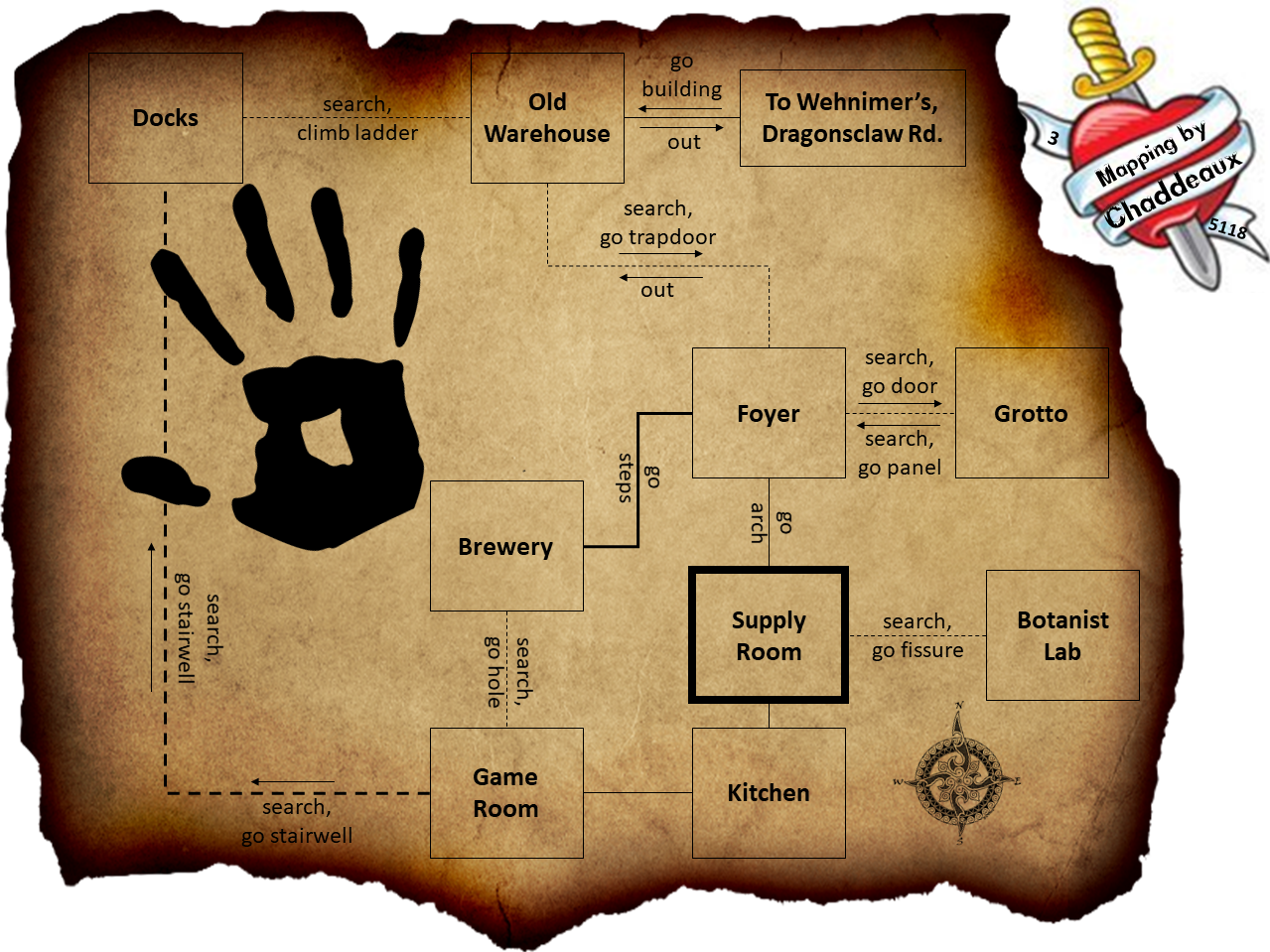 Map of wl-black hand-1527320047 showing room [Black Hand, Old Warehouse]. Click on rooms to navigate or use the nearby rooms list below for accessible navigation.